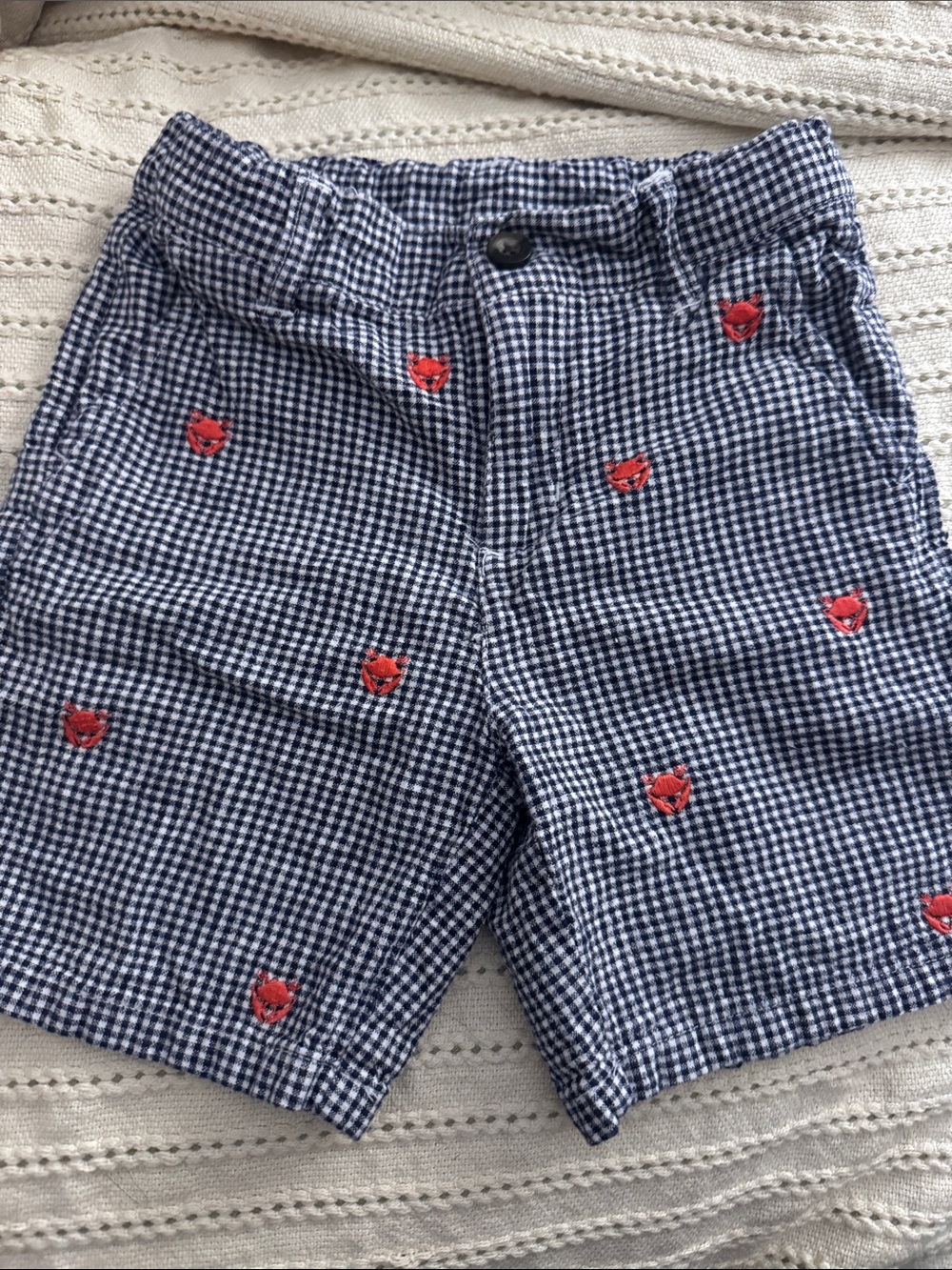 Janie & Jack Boys Size 6 Navy Gingham Crab Embroidered Shorts